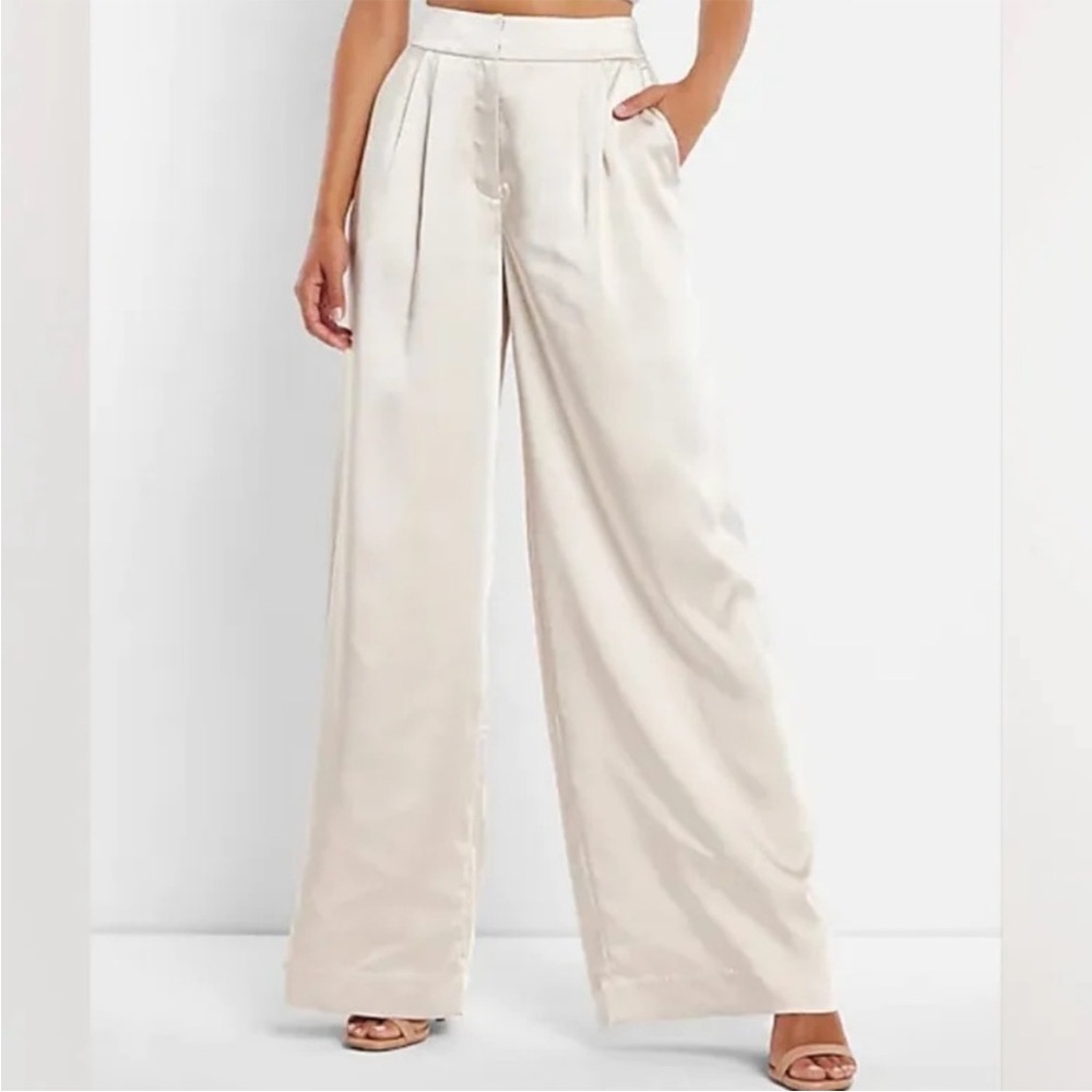 Express High Rise Cream Satin Wide Leg Trousers